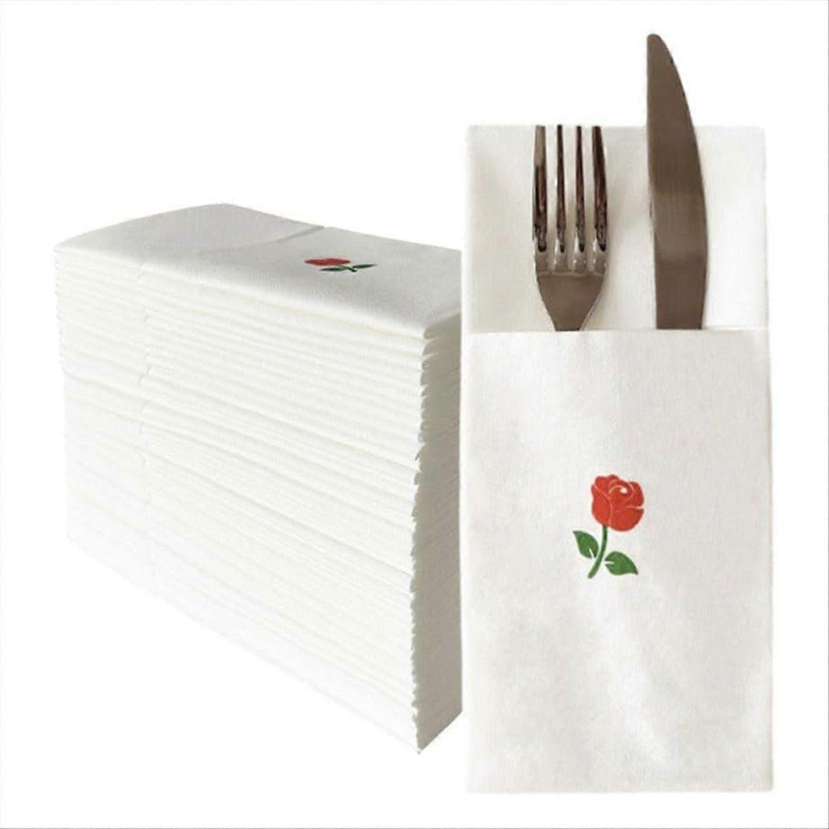 50pcs Disposable Linen-Feel Dinner Napkins with Built-in Flatware Pocket,Printed Prefolded Cloth Li