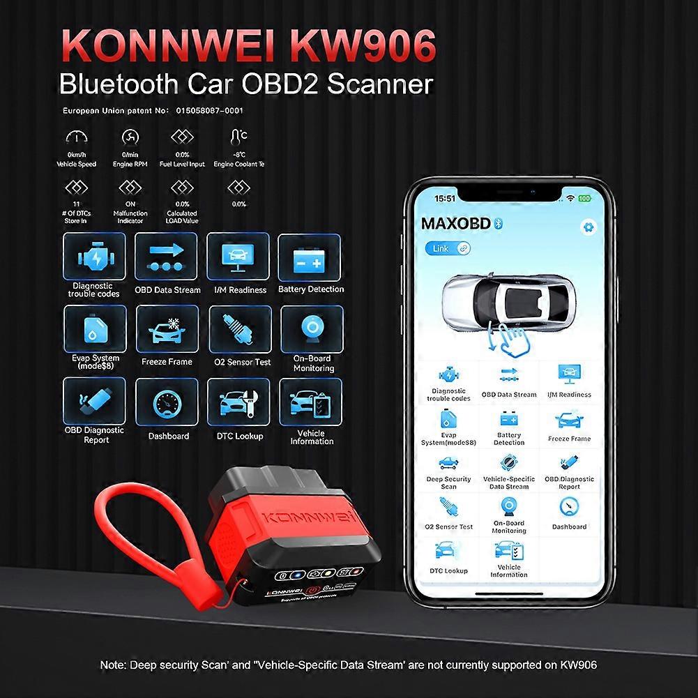 KONNWEI KW906 ELM327 V1.5 Bluetooth 5.0 for IOS Android V1 5 OBD2 Scanner Auto Car Diagnostic Tools Code Reader Red