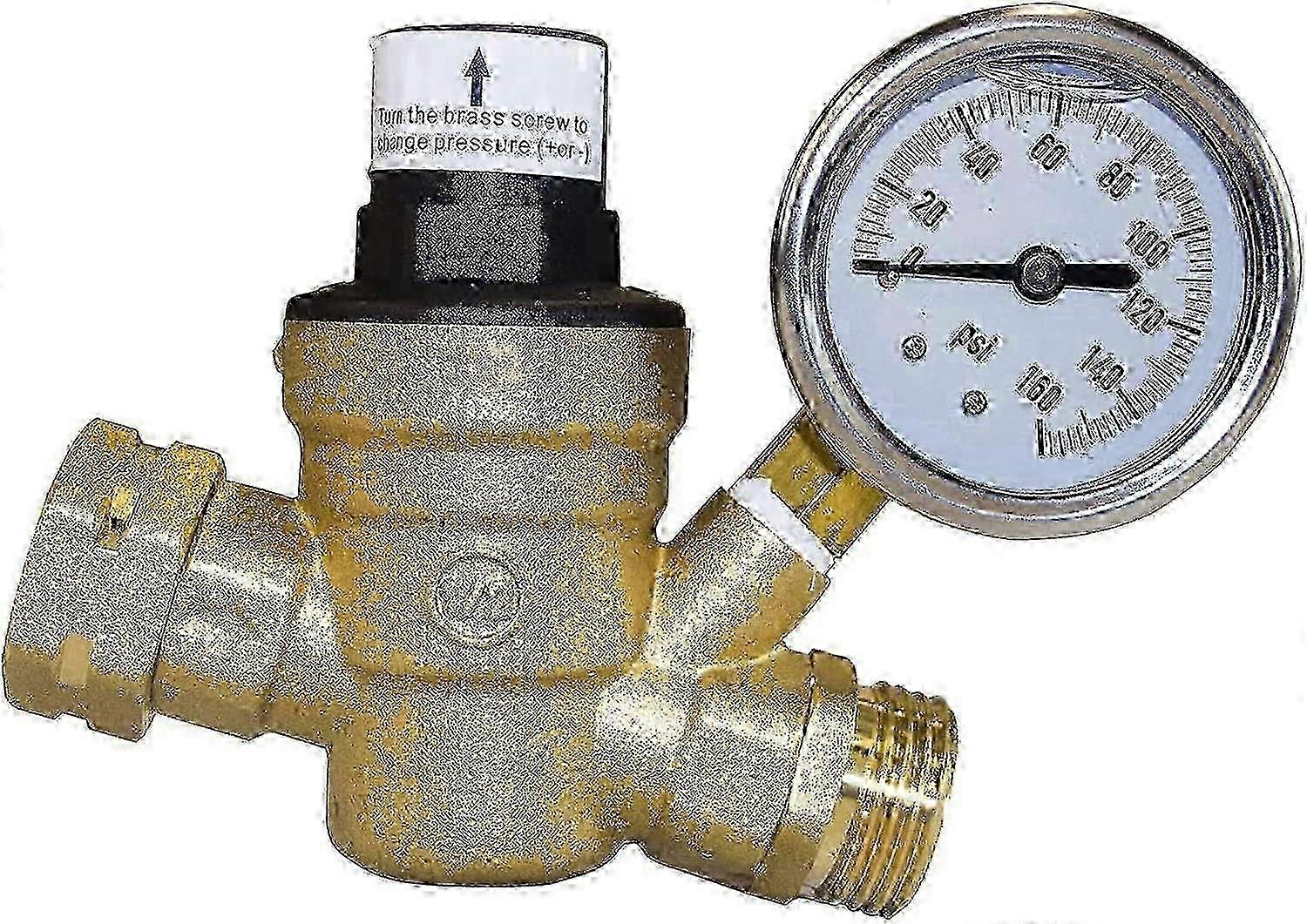 Water Pressure Regulator Valve with Gauge & Inlet Screened Filter for Camper Trailer - Brass RV Water Pressure Regulator