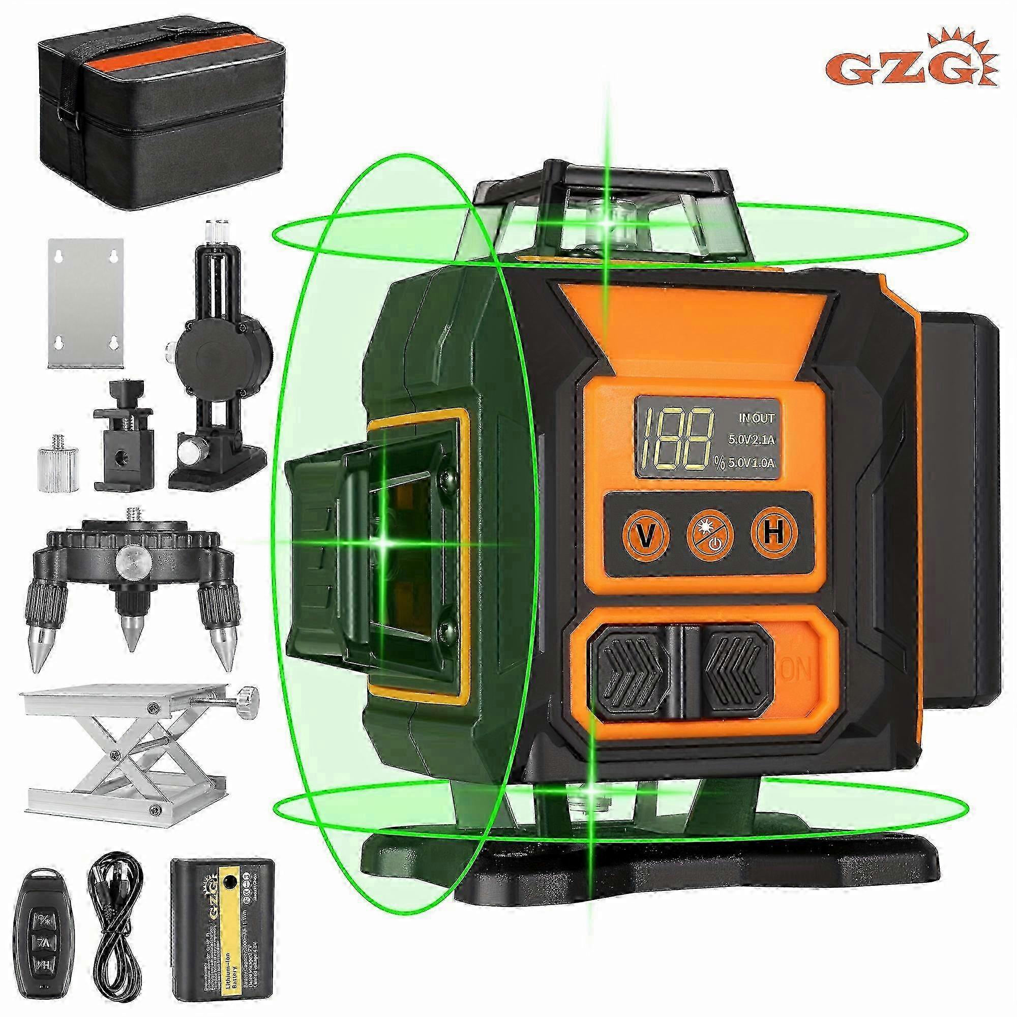 GZG 4x360 Self-Leveling Line Laser with 16 Lines, Green Beam, Pulse Mode for Construction, Tiling, Picture Hanging - USB Rechargeable
