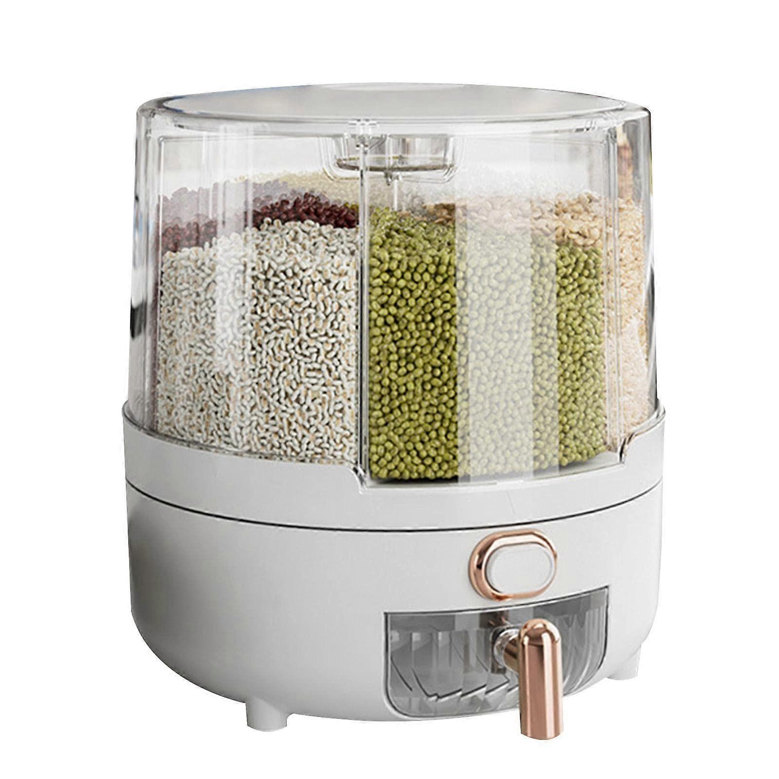Rice Dispenser 6Grid Round, 360Degree Rotating Moistureproof Dry Food Storage Container With Lid, 23.5x25cm For Grains