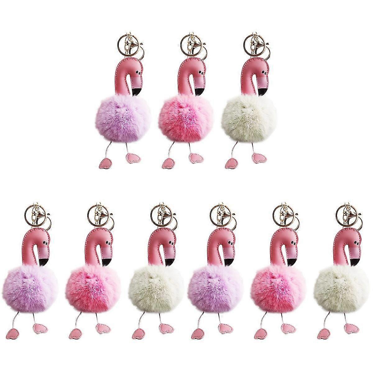 9 Pcs  Fluffy Key Ring Plush Animal Flamingo Keychain Key Holder Hanging Decoration (white/pink/purple)