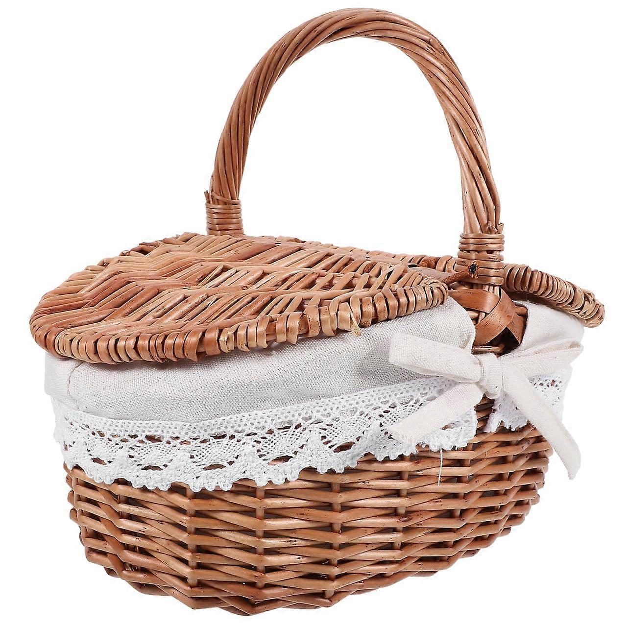 Picnic Basket with Lid HandWoven Wicker Storage Organizer for Fruits Bread Outdoor