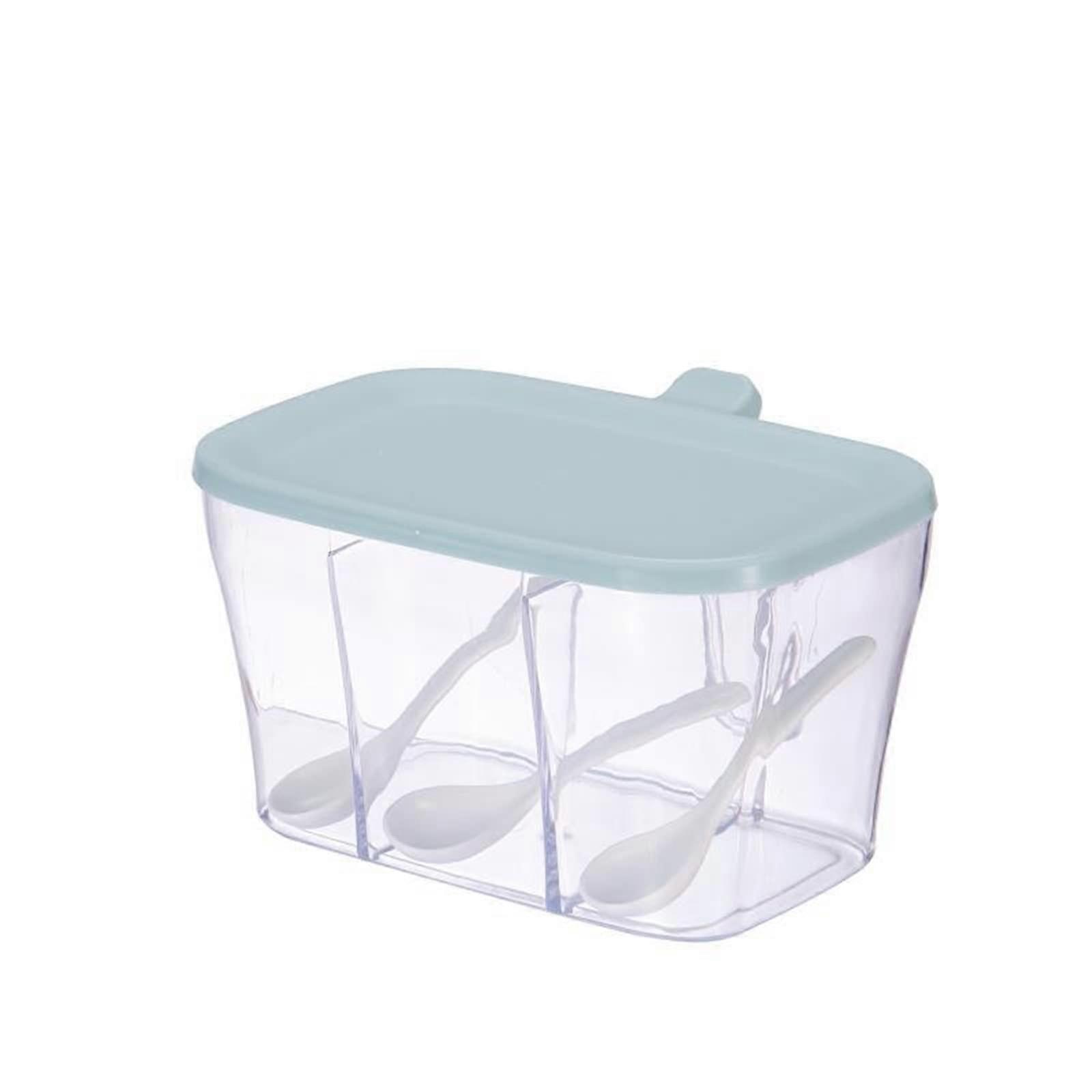 Spice Storage Box with Spoon, 3Compartment Kitchen Condiment Organizer for Sugar Salt, Blu
