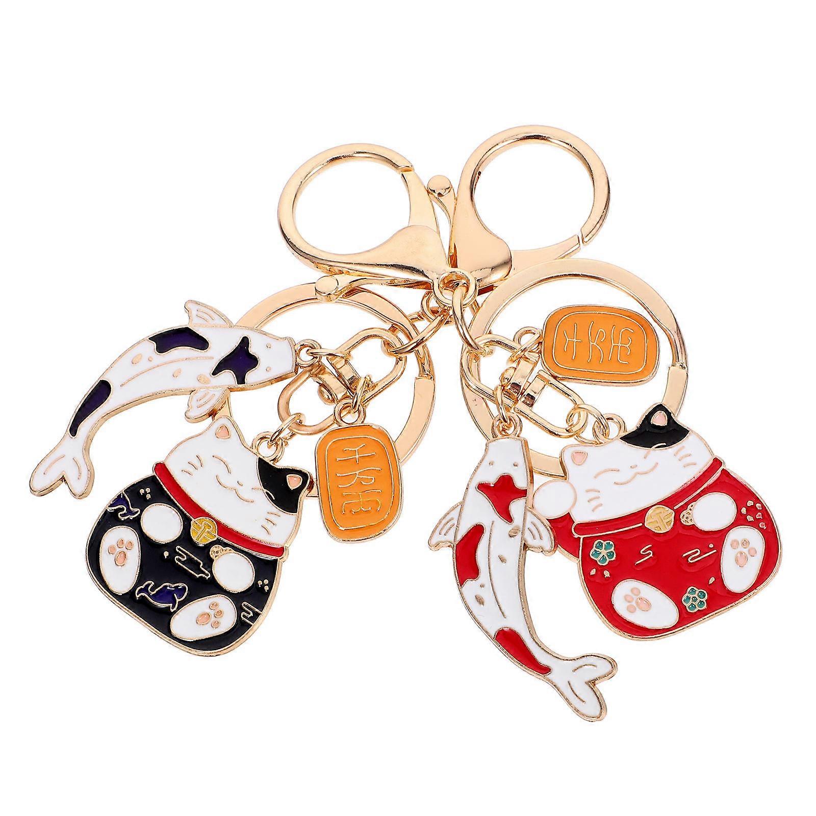 Japanese Fortune Cat Keychain for Good Luck and Wealth 2Pcs Assorted Color