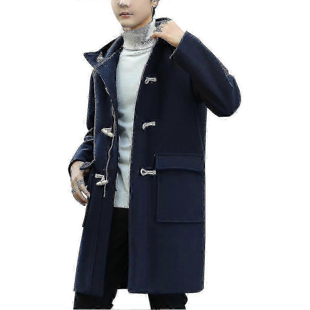 Wool Hooded Overcoat for Men with Horn Buttons, Solid Color Winter Coat