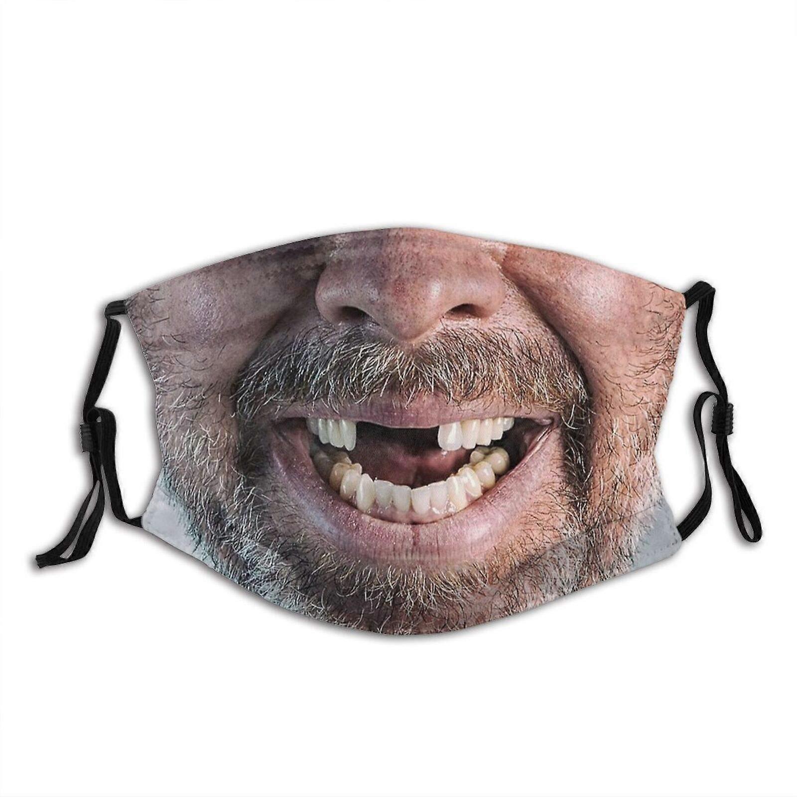 Funny Face Mask with Missing Teeth Print, Reusable Washable Polyester with Filters and Nose Clip
