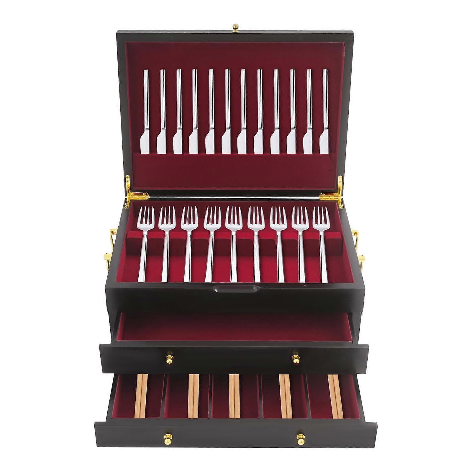 Wooden Silverware Organizer with Handle, Three Layer Flatware Storage Box with Red Felt Lining