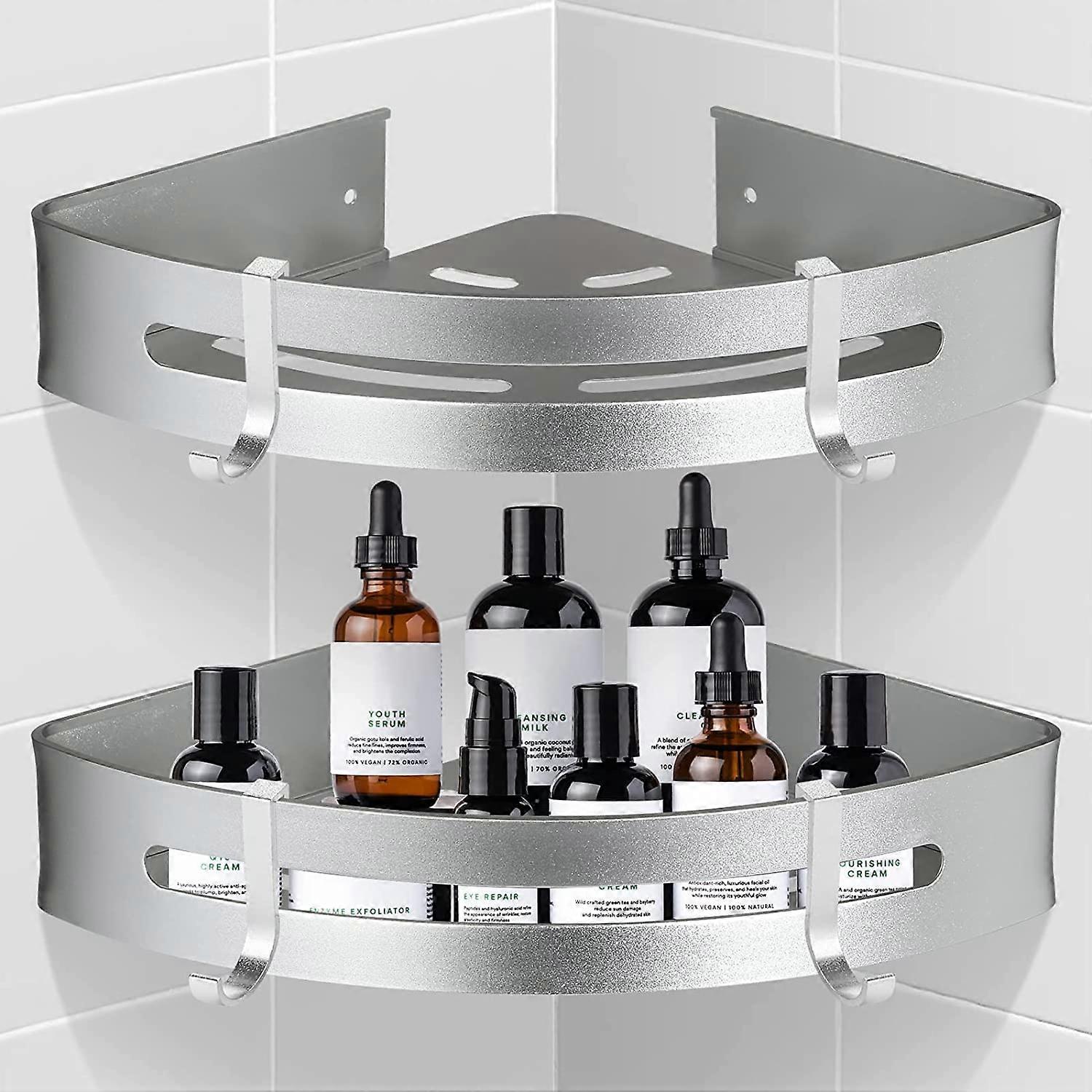 Shower Corner Shelf NoDrill Adhesive RustResistant Aluminum Bathroom Storage Rack with Hooks, 2 Pack Silver