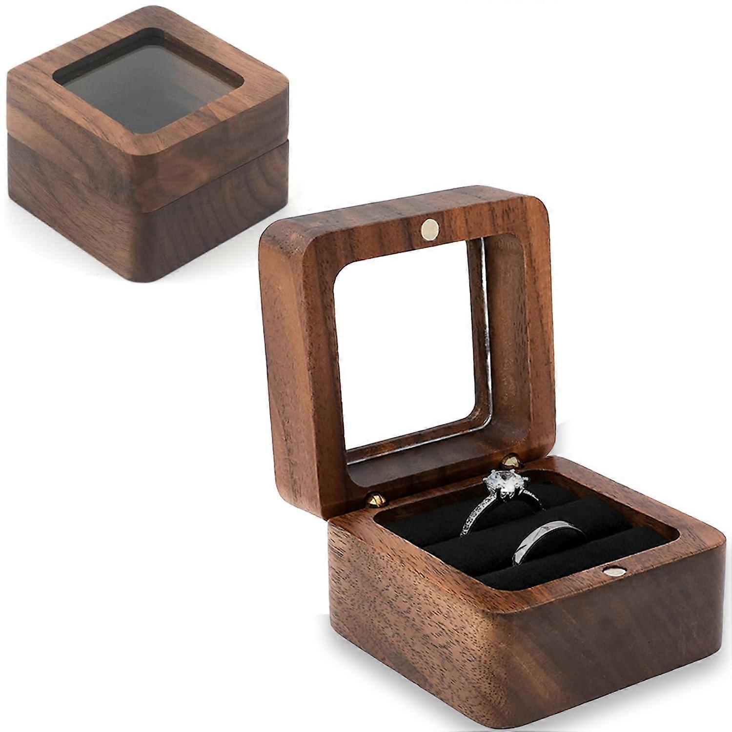Wooden Double Ring Box with Velvet Lining, Square Walnut Wedding Ring Holder with Window