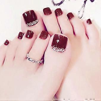 Red Press On Toenails with Rhinestones Glossy Acrylic False Toenails for Women 24 Pcs