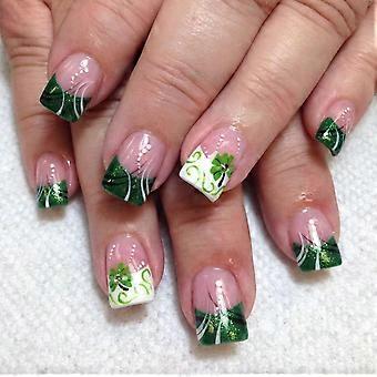 Short Square French Tip Press On Nails with Four Leaf Clover Rhinestones Glossy Pink Fake Nails 24PCS