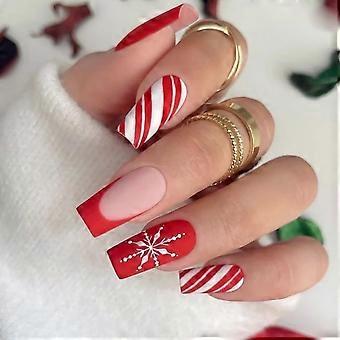 Christmas Press On Nails Red Snowflake Design, Medium Square Matte Fake Nails Kit for Women