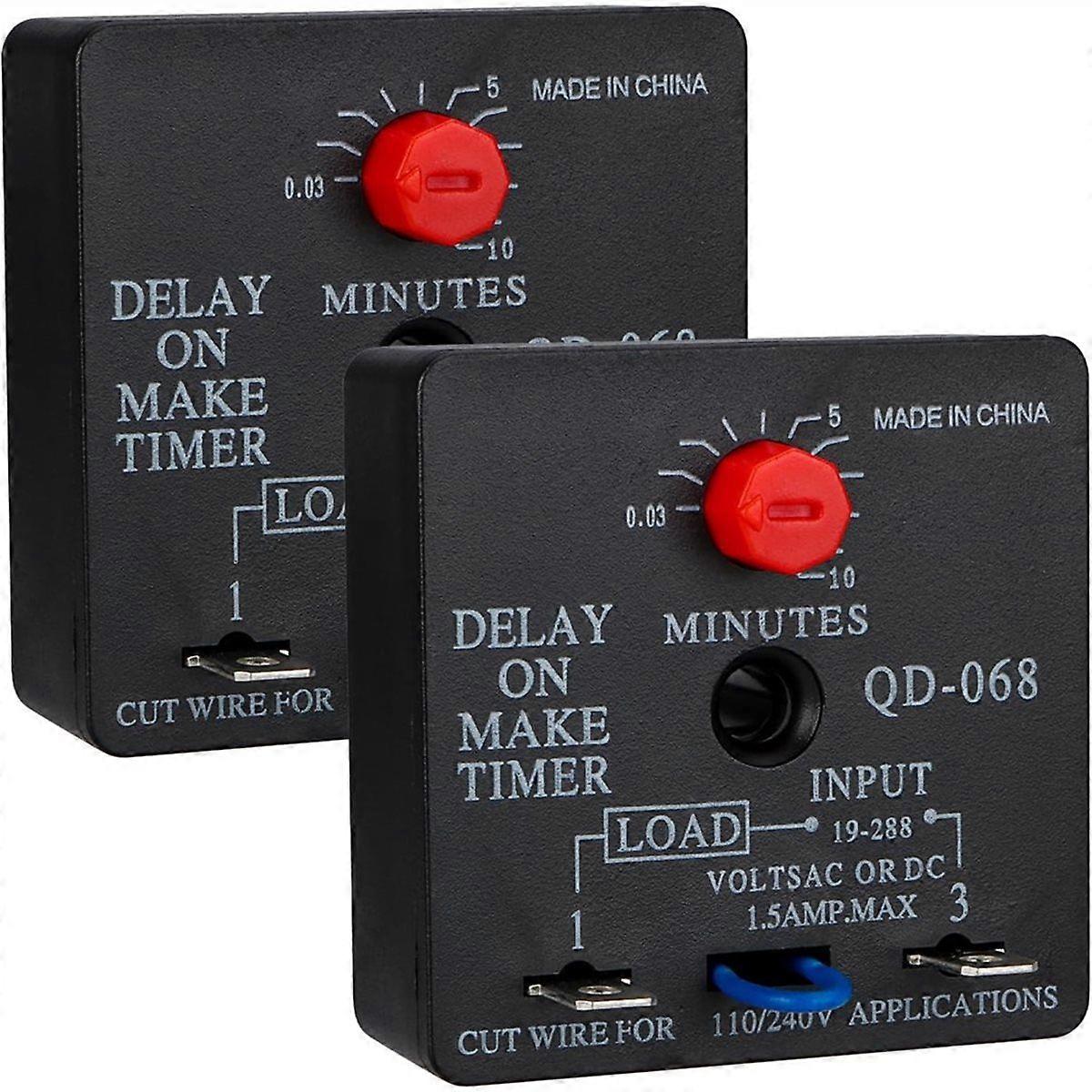 2Pcs Delay on Make Timer, QD-068, 0.03 to 10 Min, Adjustable Delay, 19-288 VAC or DC