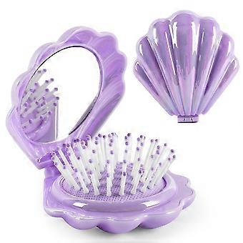 Foldable Travel Hair Brush with Mirror, Shiny Metallic Finish, Pocket-Sized Hair Massager & Comb – Purple