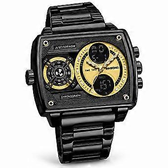 BINBOND Men's Multifunction Digital Watch Square Black Steel Strap Black Dial Gold Accents JY