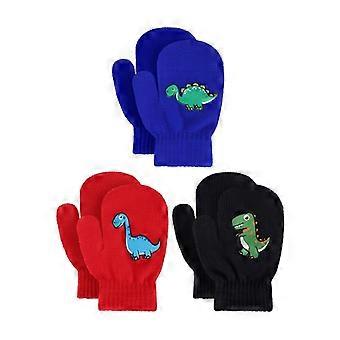 Full Finger Winter Gloves, 3 Pairs Warm Stretchy Knit Mittens with Dinosaur Design for Kids and Adults