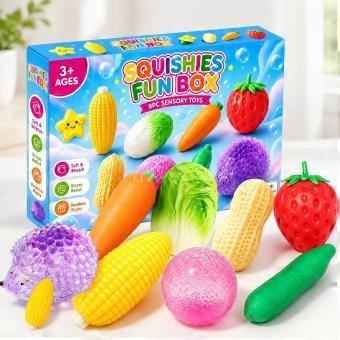 Simulated Fruit Vegetable Squishies Stress Relief Sensory Fidget Toy Set, Squishy pieces are soft and stretchable, Relaxing fidget play at home