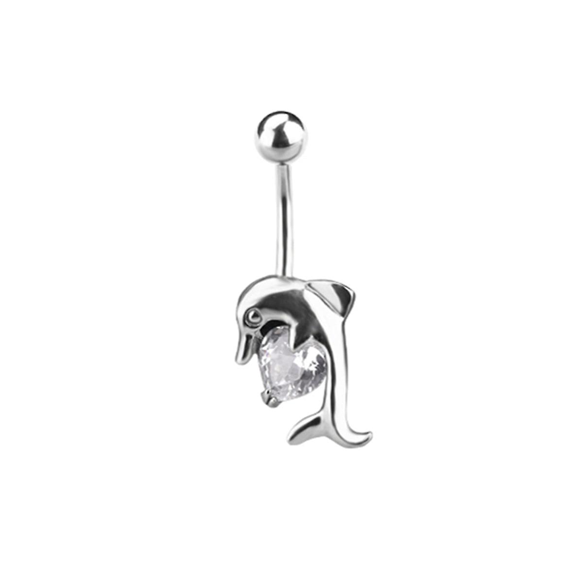 Dolphin belly ring with heart cz jewel