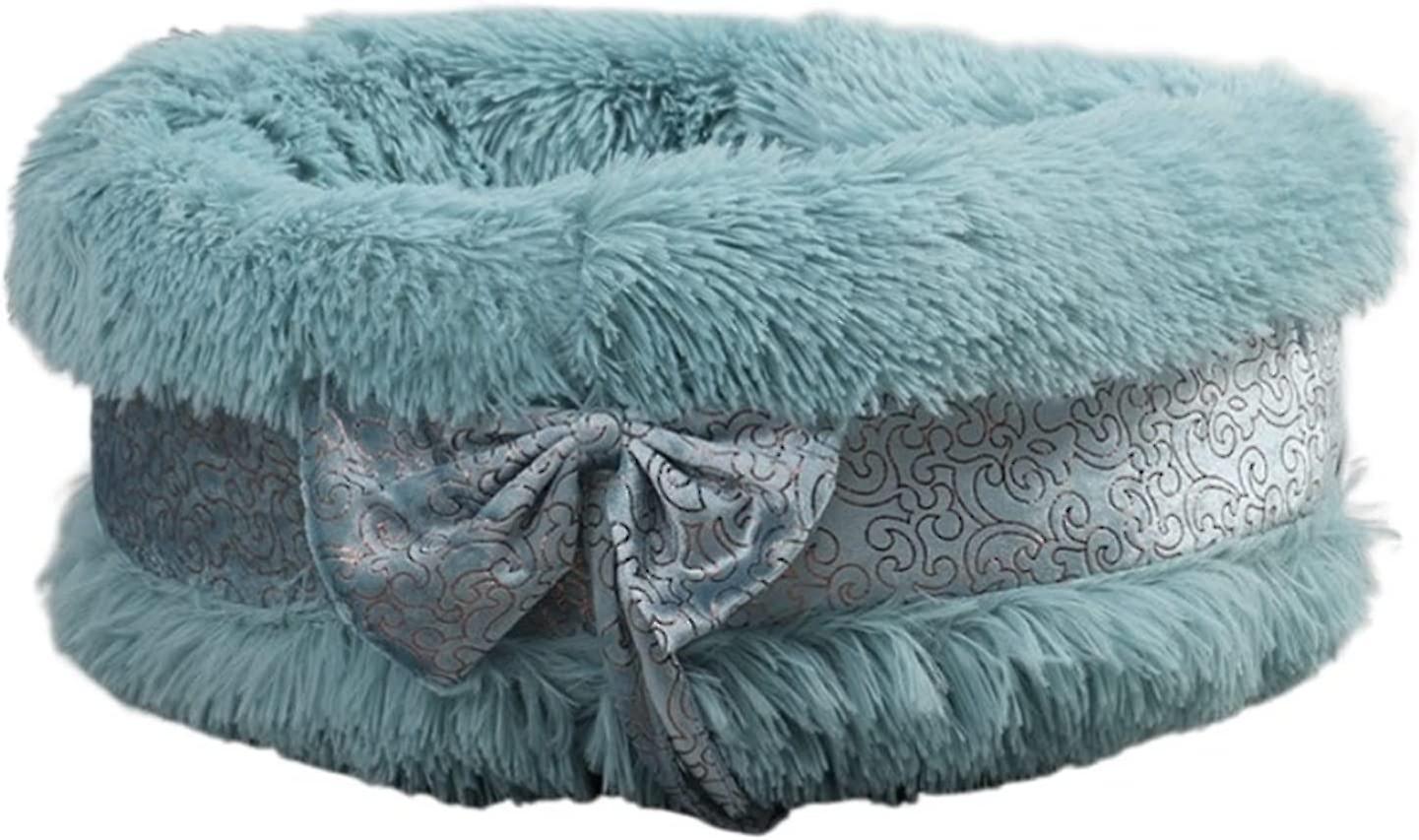 cat Sofa Five Color Choices Winter Long Plush Warm Cat Nest Round Bowknot Lovely Dog Nest Deep Sleep Pet Bed Cat Supplies (Color : Blue, Size : Round_