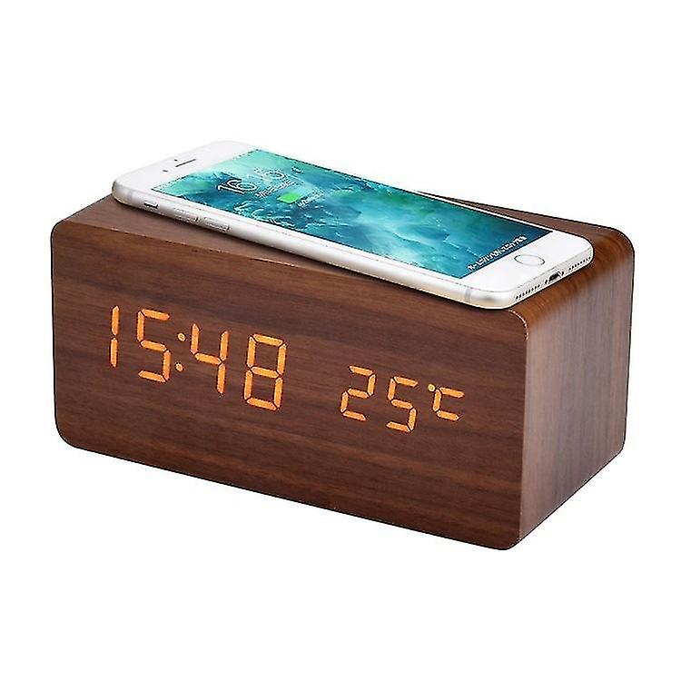 Wooden Digital Alarm Clock Fm Radio, Fast Wireless Charger Station For Iphone/samsung Galaxy,  Usb Charging Port,  Sleep Timer, Wood Led Clock For Bed