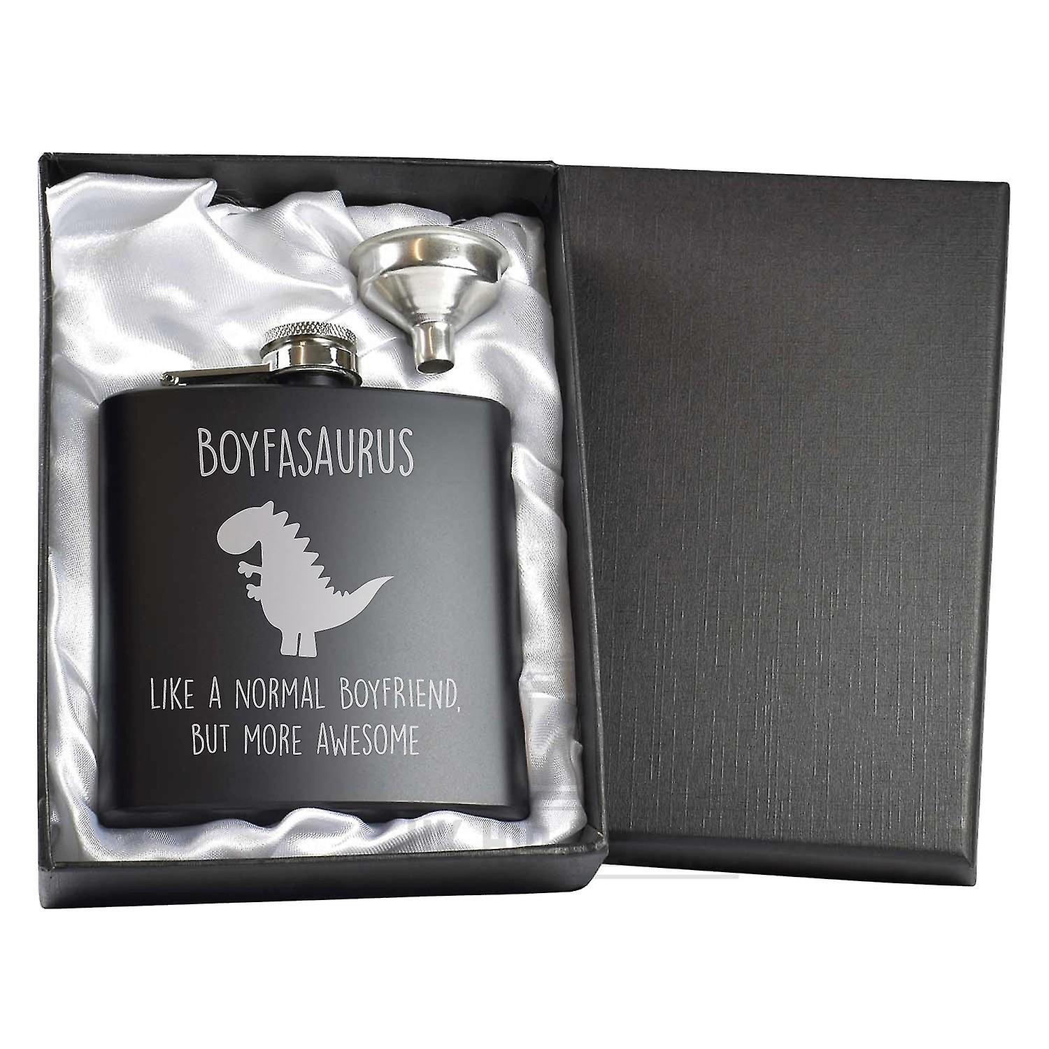 Black Hip Flask Boyfriend Boyfasaurus 6oz With Funnel And Gift Box