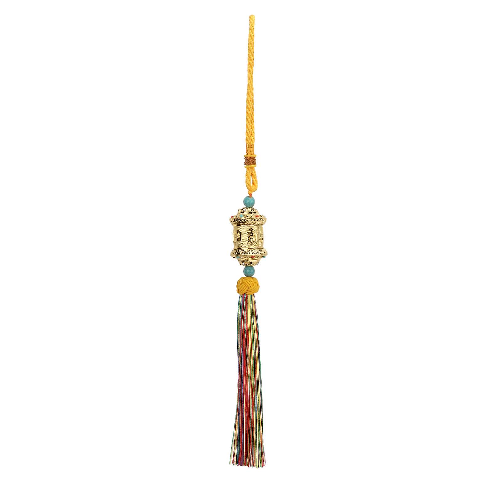 Roue de prière suspendue pour voiture, impression de fil coloré, pompon, tonneau rotatif doré, pendentif bouddhiste, pendentif de bon augure sûr