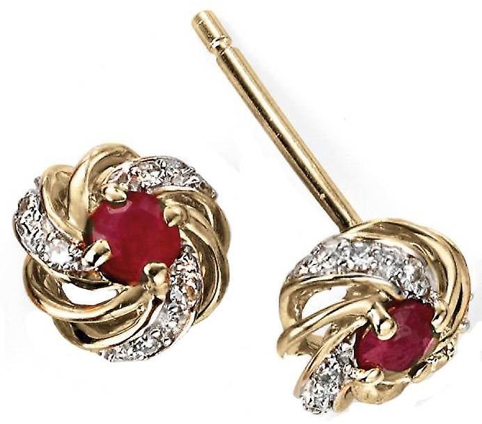 Elements Gold Ruby and Diamond Cluster Earrings - Red/Gold