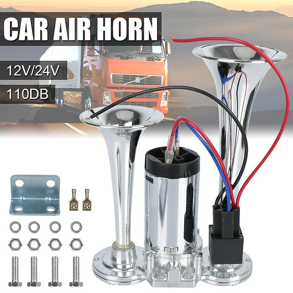 110dB Per Moto Barca Camion 12V/24V Auto Tromba d'aria Set Trombe Doppie con Fili e Relè Altoparlante Elettrico Super Loud ~ 56555
