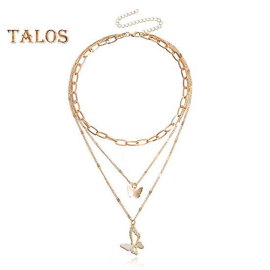 Luxurious Butterfly Pendant Necklace Micro-paved Faux Diamond And Mother-of-Pearl Multi-layered Necklace with Extended Chain Colorful Loop Chain for
