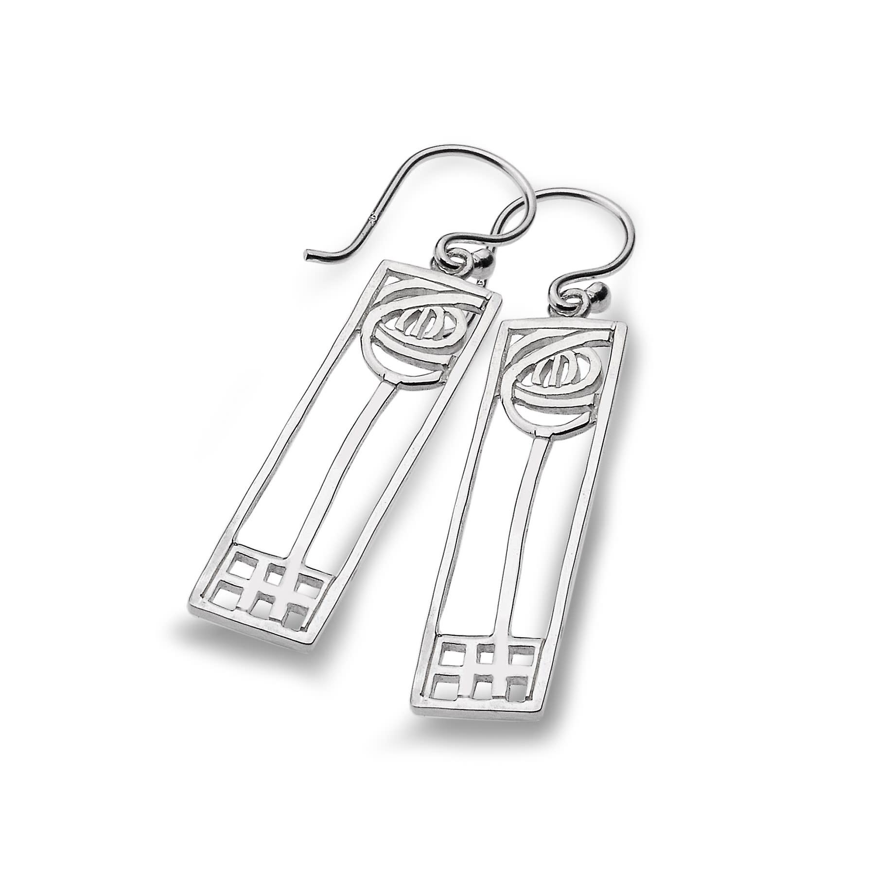 Sterling Silver Earrings - Charles Rennie Mackintosh Rose + Squares Rectangular