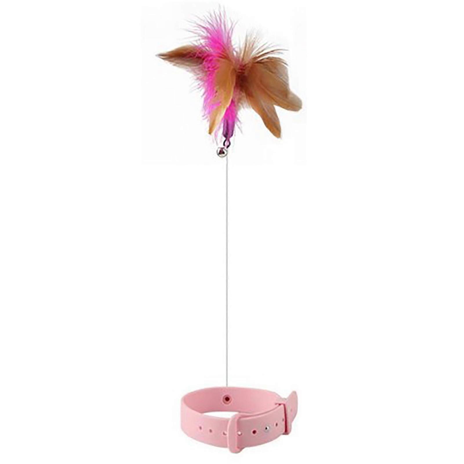 Cat Feather Collar Toys Adjustable Flexible Funny Interactive Cat Feather Wand Collar with Bell for Cat Indoor Play Pink