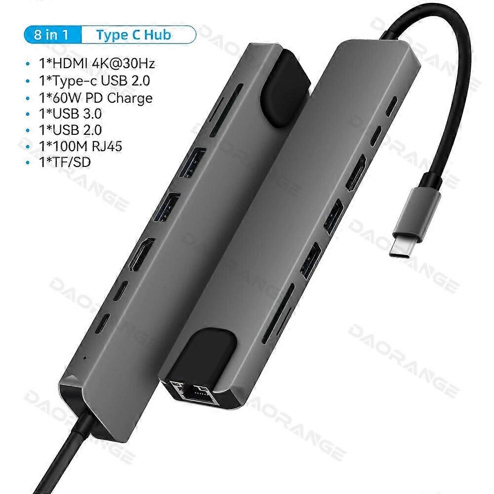 8 in 1 USB C 3.0 Hub Type C Laptop Adapter to 4K HDMI Compatible 100M RJ45 Ethernet SD TF Card PD USB 3.0 Dock Station Splitter