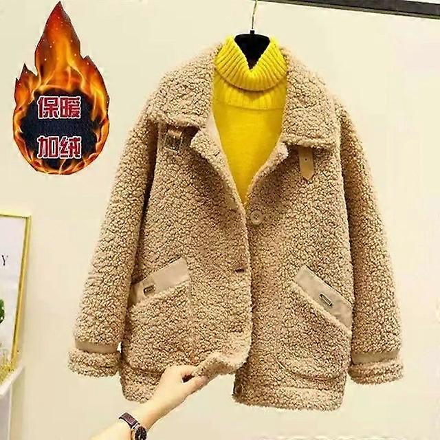 מעיל צמר טלה עבה מעיל נשים 2024 חורף חדש חזה יחיד רופף גרגר קטיפה כיס פרוות All-in-One קרדיגן קצר נקבה