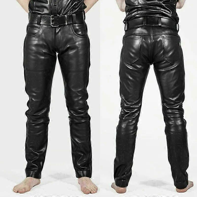 Mens Faux Läder Byxor PU Material Svart Slim Fit Motorcykel Läder Byxor För Manlig