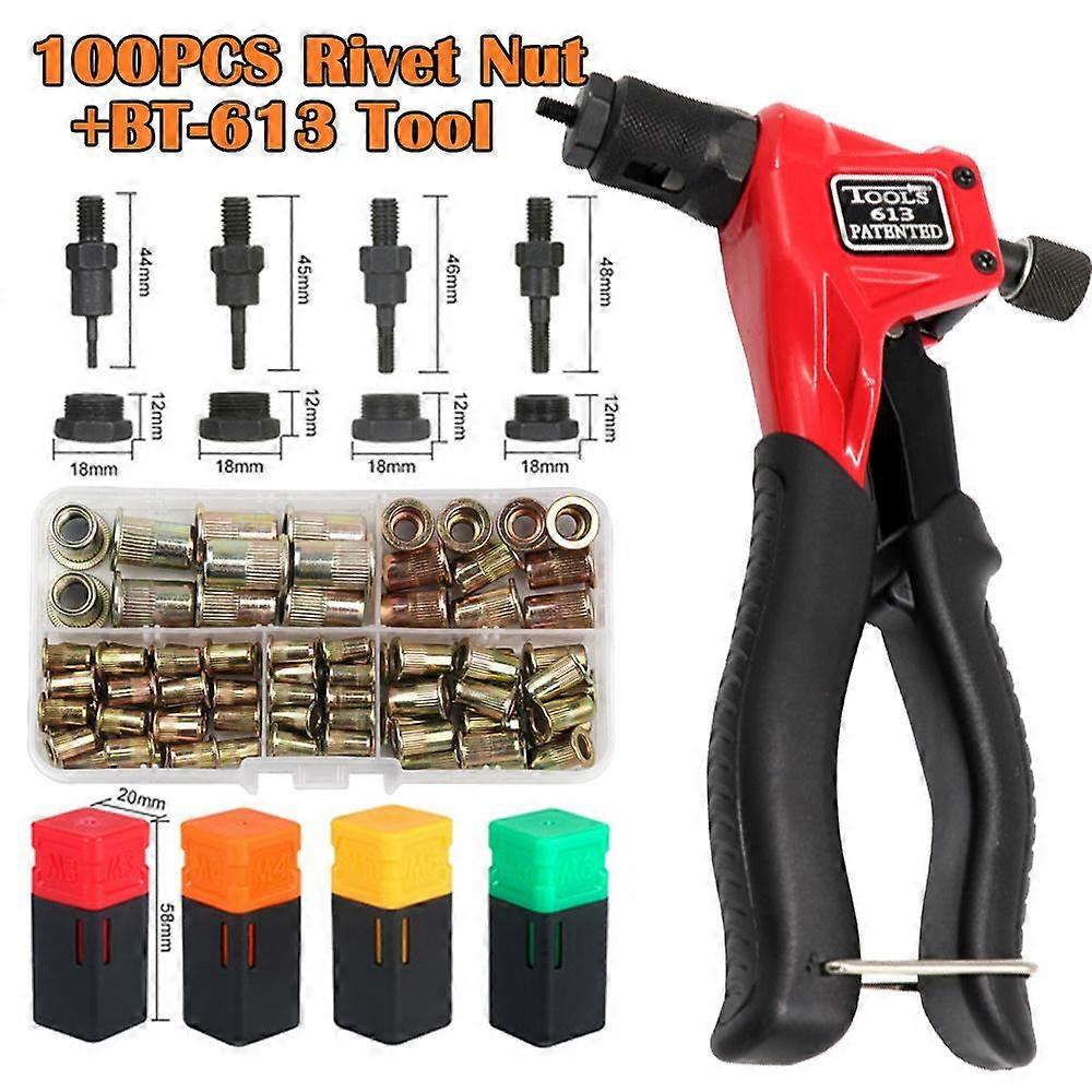 100PCS Rivet Nut with 1PC Rivet Nut Gun Threaded Mandrel Riveting Heads M3-M6 Riveter