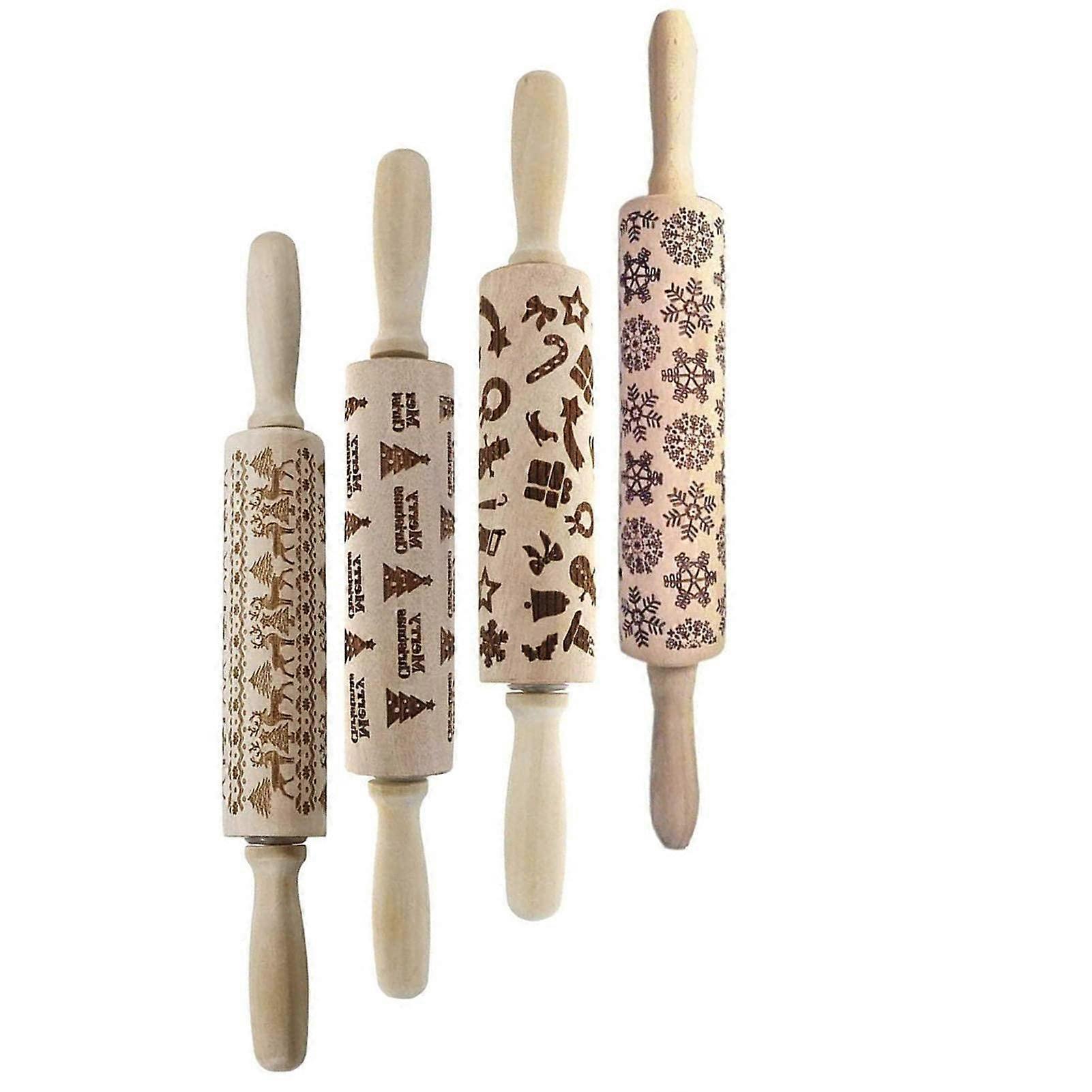 Christmas Wooden 3D Rolling Pins,Embossing Natural Wood Carved Engraved Rolling Pin with Christmas Pattern for Baking Embossed Cookies,Rolling Pin Kit