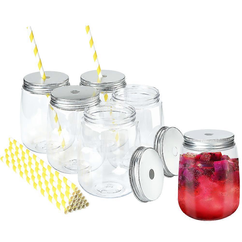 Plastic Jam Jars, 6 Pack BPA-Free Plastic Drinking Jars with Lid and Straw, U-Shape Bottles, Suitable for Party Home Office Dormitory Milktea Shops