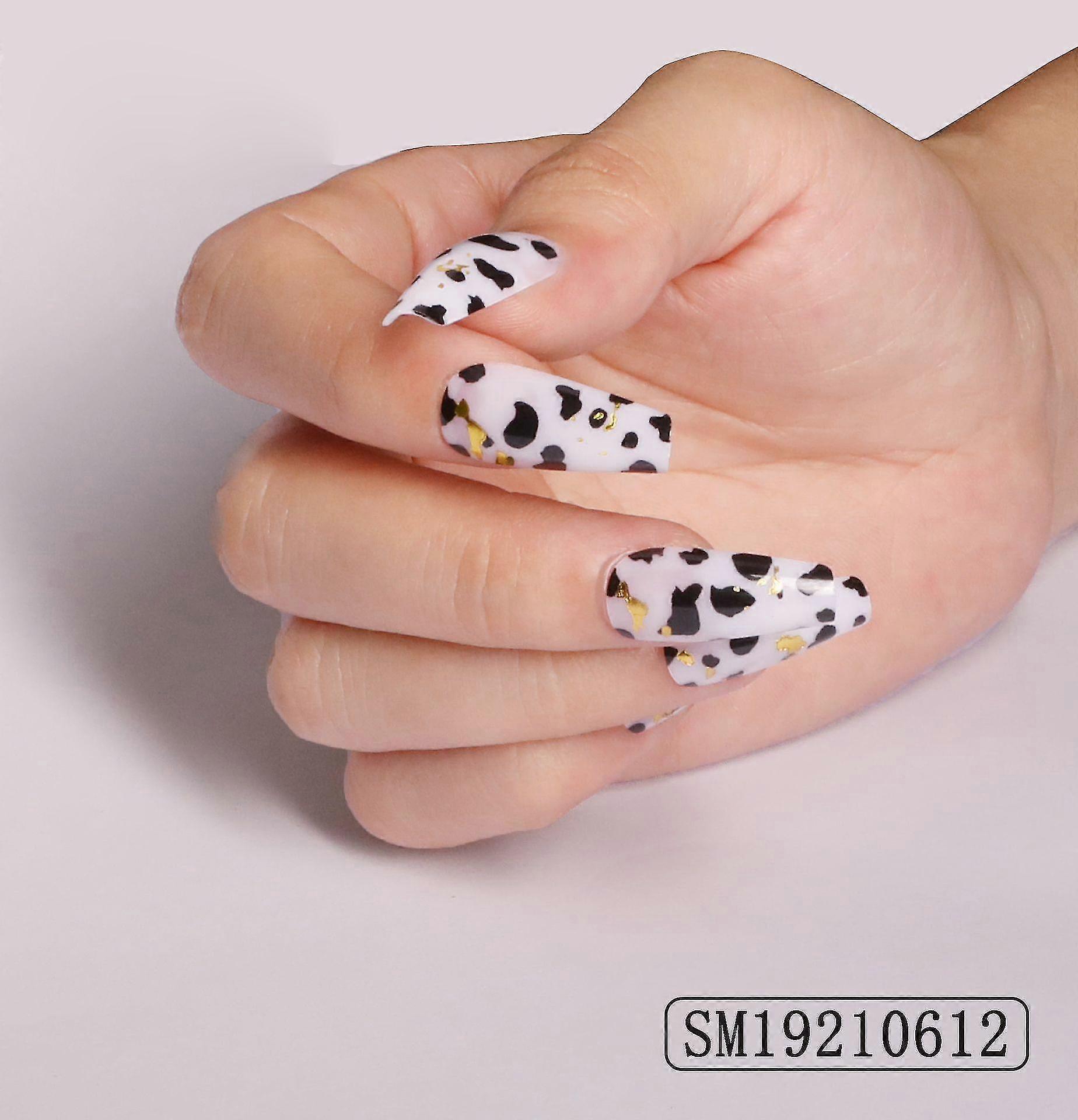 24pcs Cow Pattern Nail Patch Glue Type Removable Long Paragraph Fashion Manicure Save Time False Nail Patch