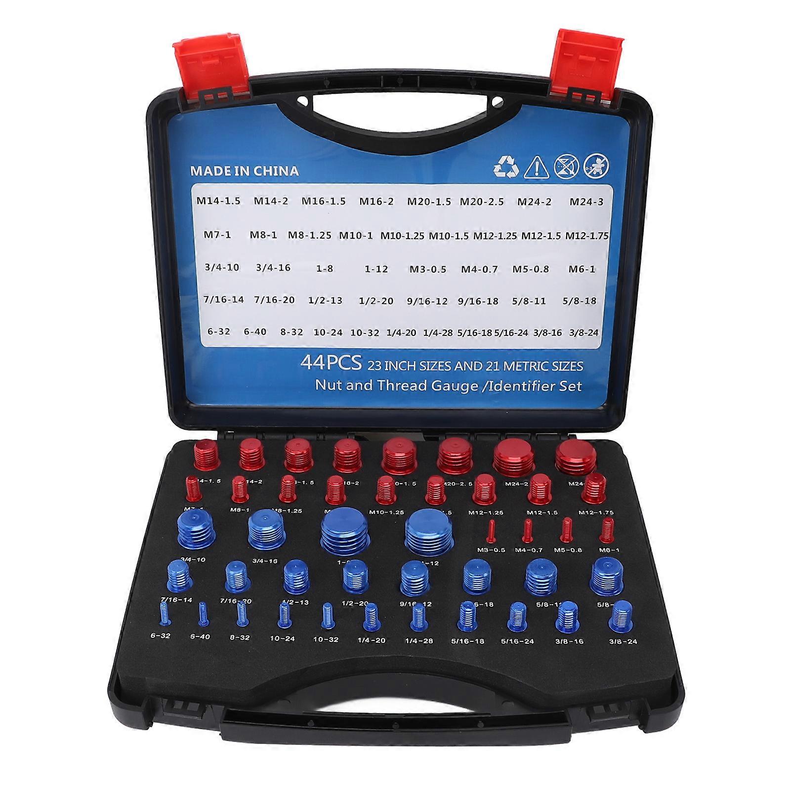 44PCS Nut and Bolt Thread Checker Aluminum Inch and Metric Precise Bolt Nut Identifier Gauges with Storage Box for Measuring Red Blue