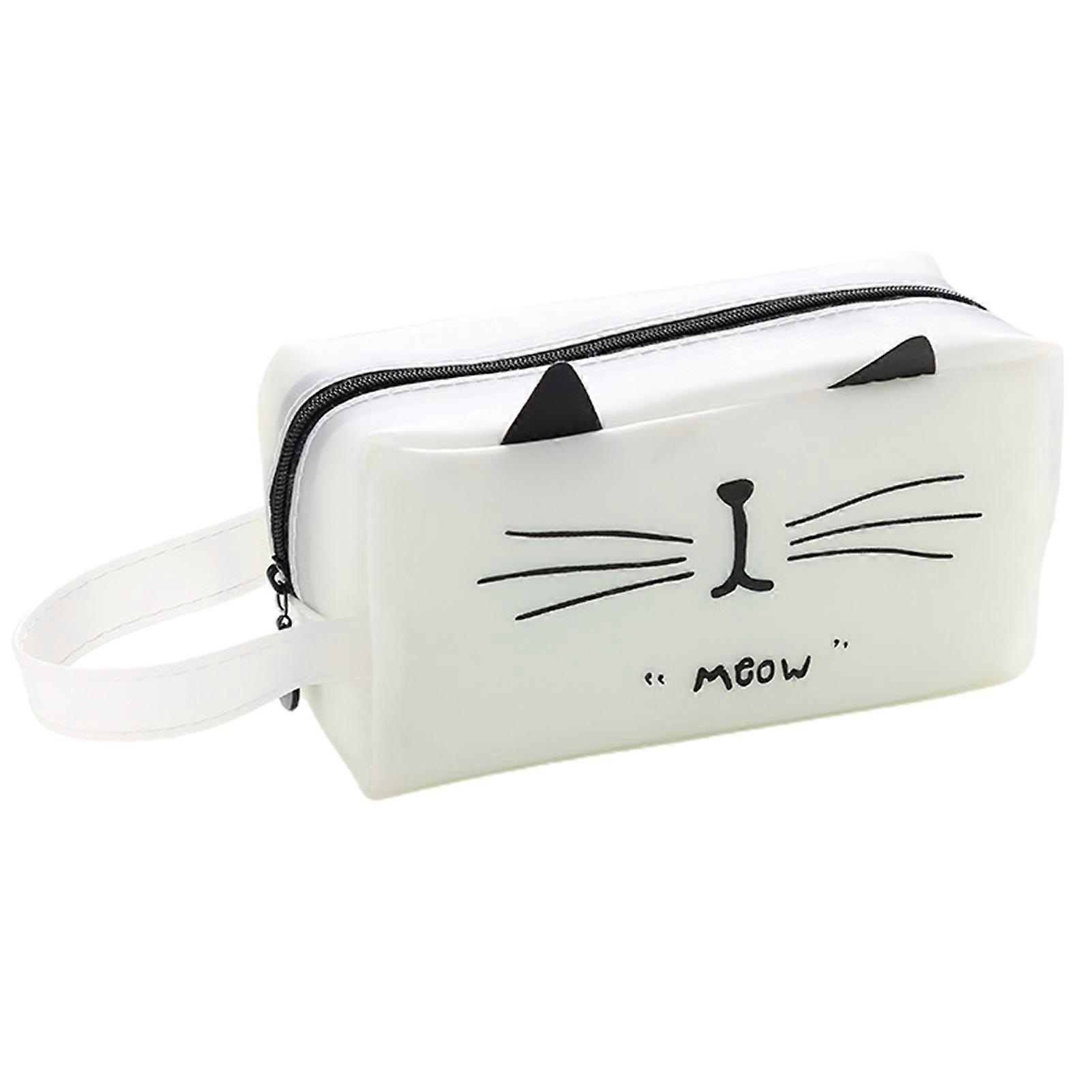 Pencil Bag with Handle Large Capacity Smooth Zipper Faux Leather Cute Cat Ears Design Students Stationery Storage Bag Daily Use mengxi