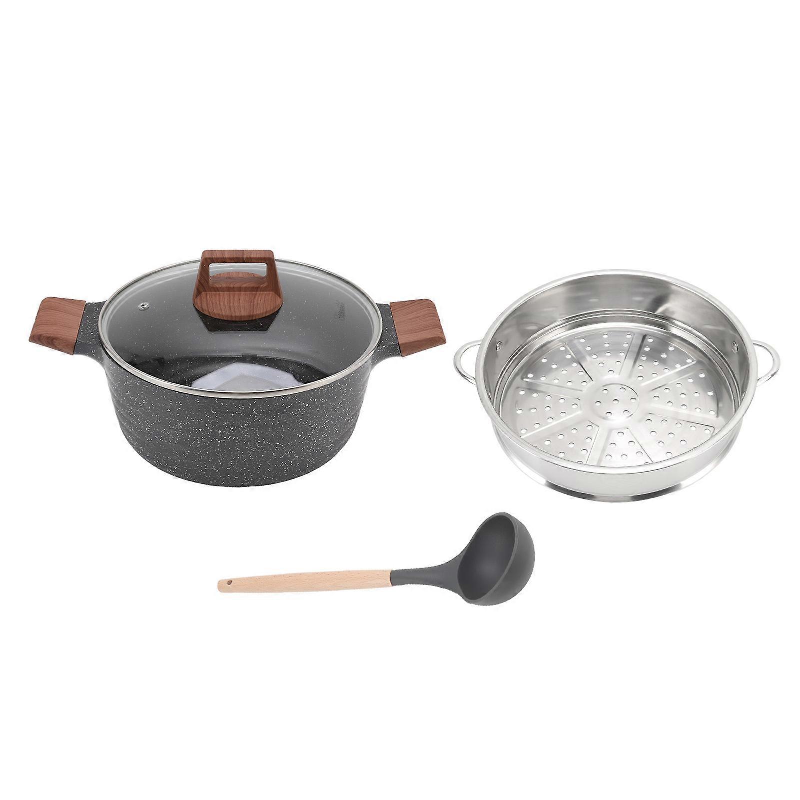 Soup Pot Stick Proof Clear Lid Aluminum Alloy Stew Pot with Prevent Scalding Handle for Induction Gas Stove Black Soup Pot 24cm with Steaming Pan