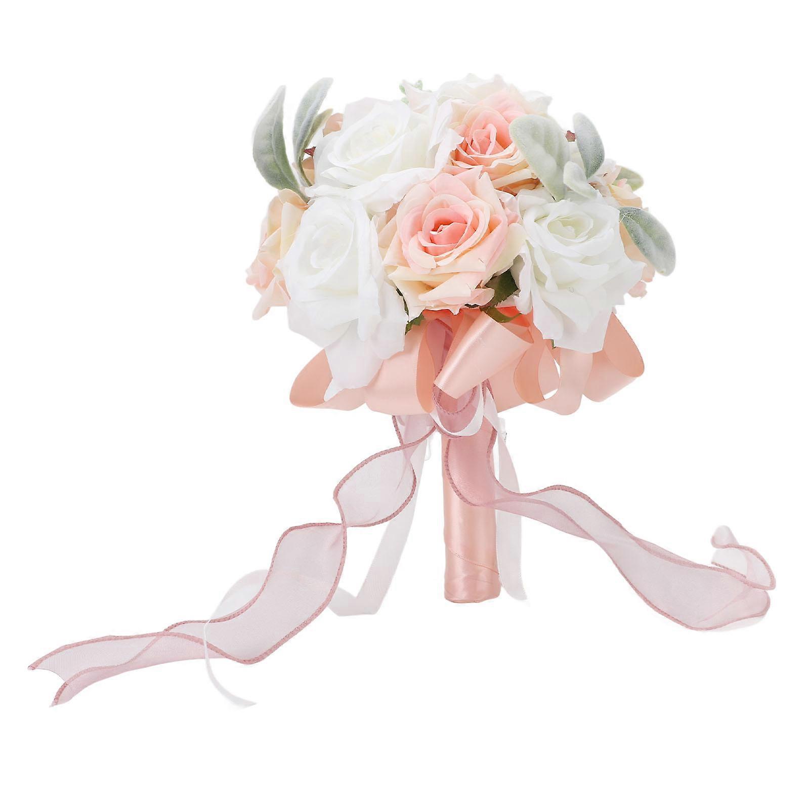 Wedding Bouquets for Bride Soft Ribbon Bridal Bridesmaid Holding Flowers Artificial Rose for Wedding Party Decoration Pink