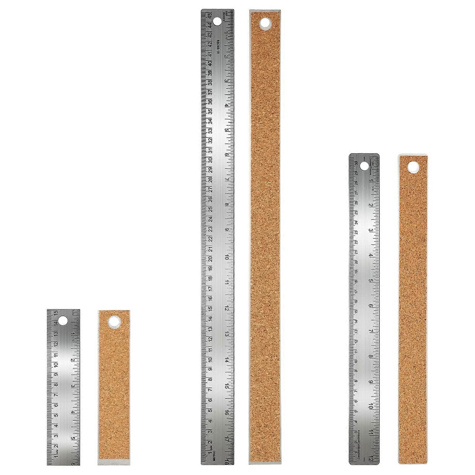 Metal Ruler 6/12/18 Inch Stainless Steel with Cork Pad Non-Slip Design for School Office Engineering Use