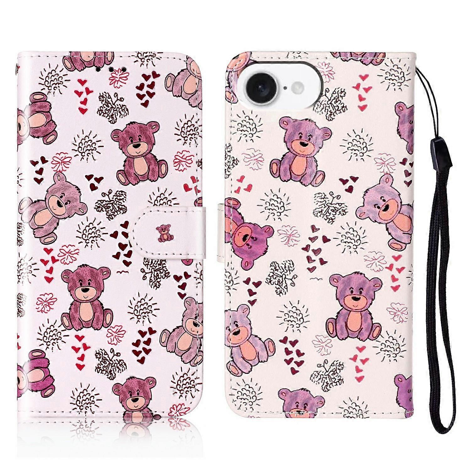 For iPhone 16e Case Pattern Leather Wallet Phone Cover - Bear