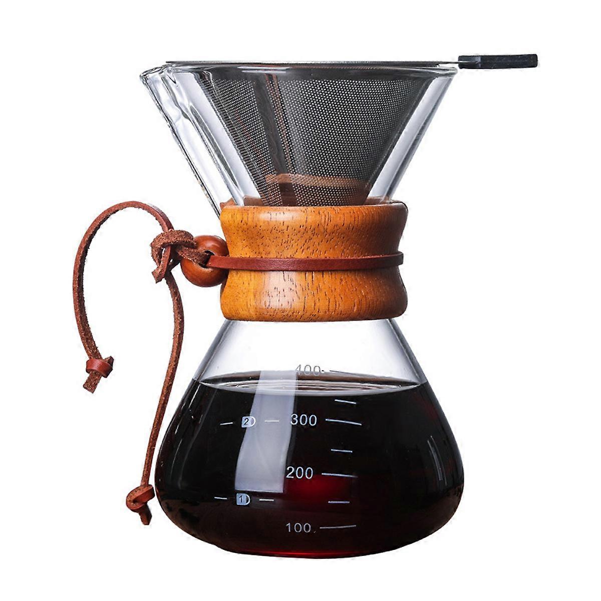 Pour Over Coffee Maker, 400ml Double Layer Filter V Spout Wooden Sleeve Coffee Brewer for Home Cafe Party