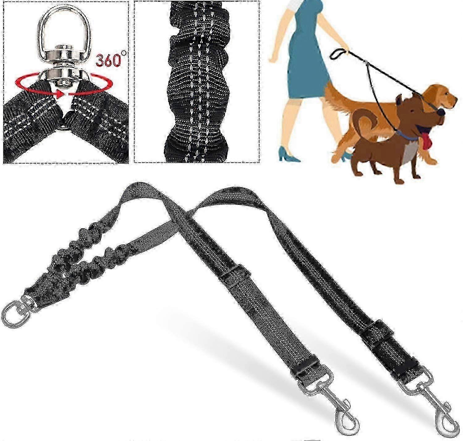 Double Dog Leash, Tangle Free, Dual Leash Dog Walking Training, 360 Degree Rotation, Reflective, Adjustable Length, Double Dog Leash Dividers, Shock A