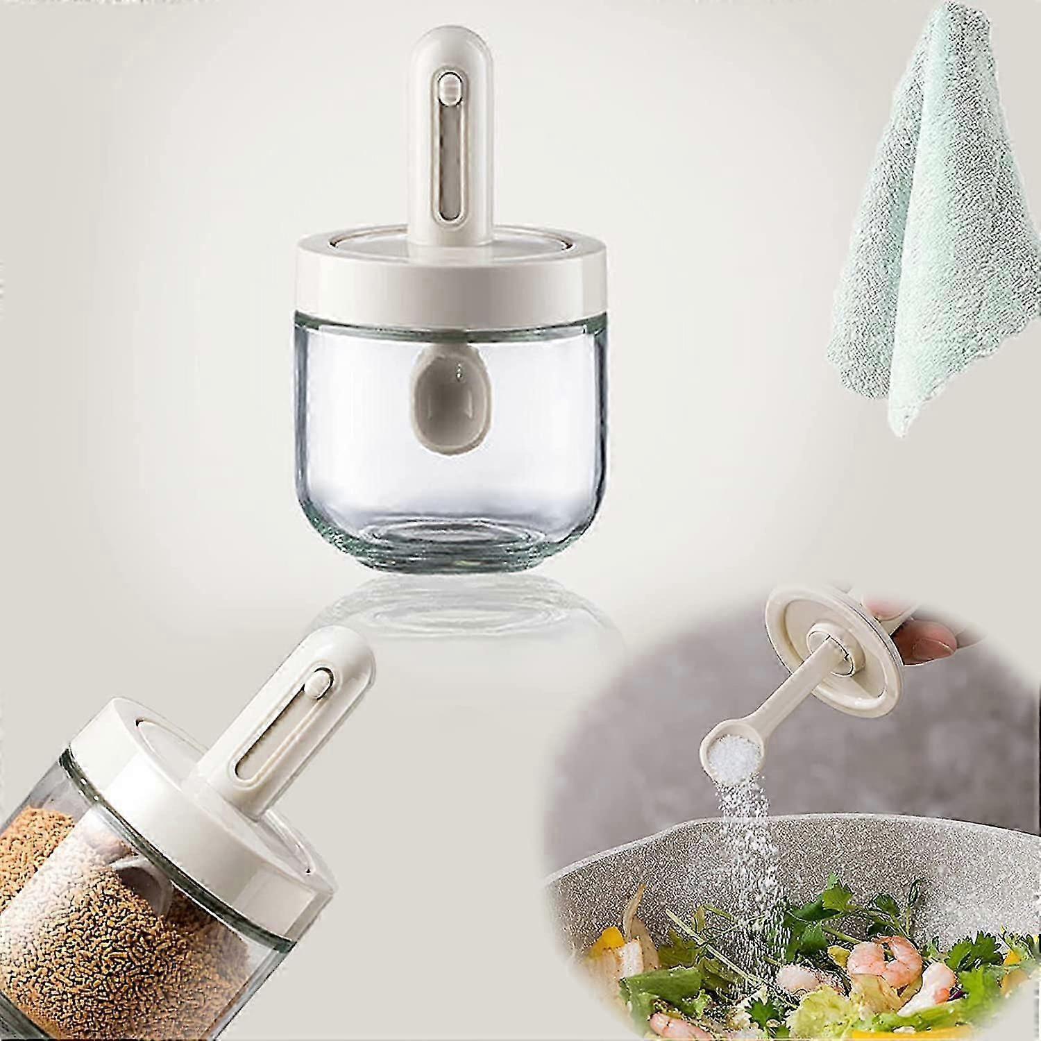 スプーン蓋一体型格納式調味料ジャー、ガラス調味料ジャースパイス容器