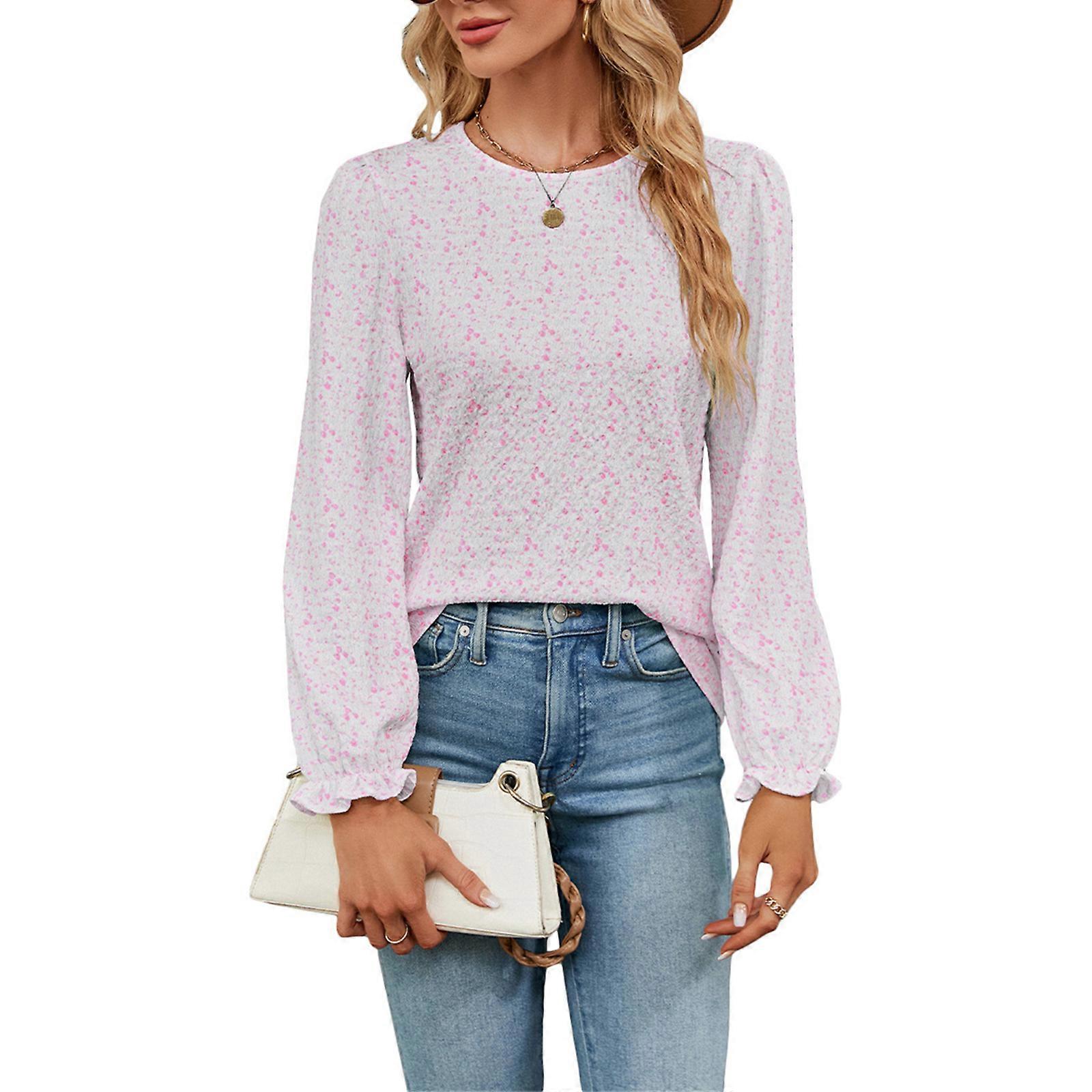Women's Floral Print Long Sleeve Ruffle Round Neck Blouse Shirt Top Summer Casual Tees  Pink XL