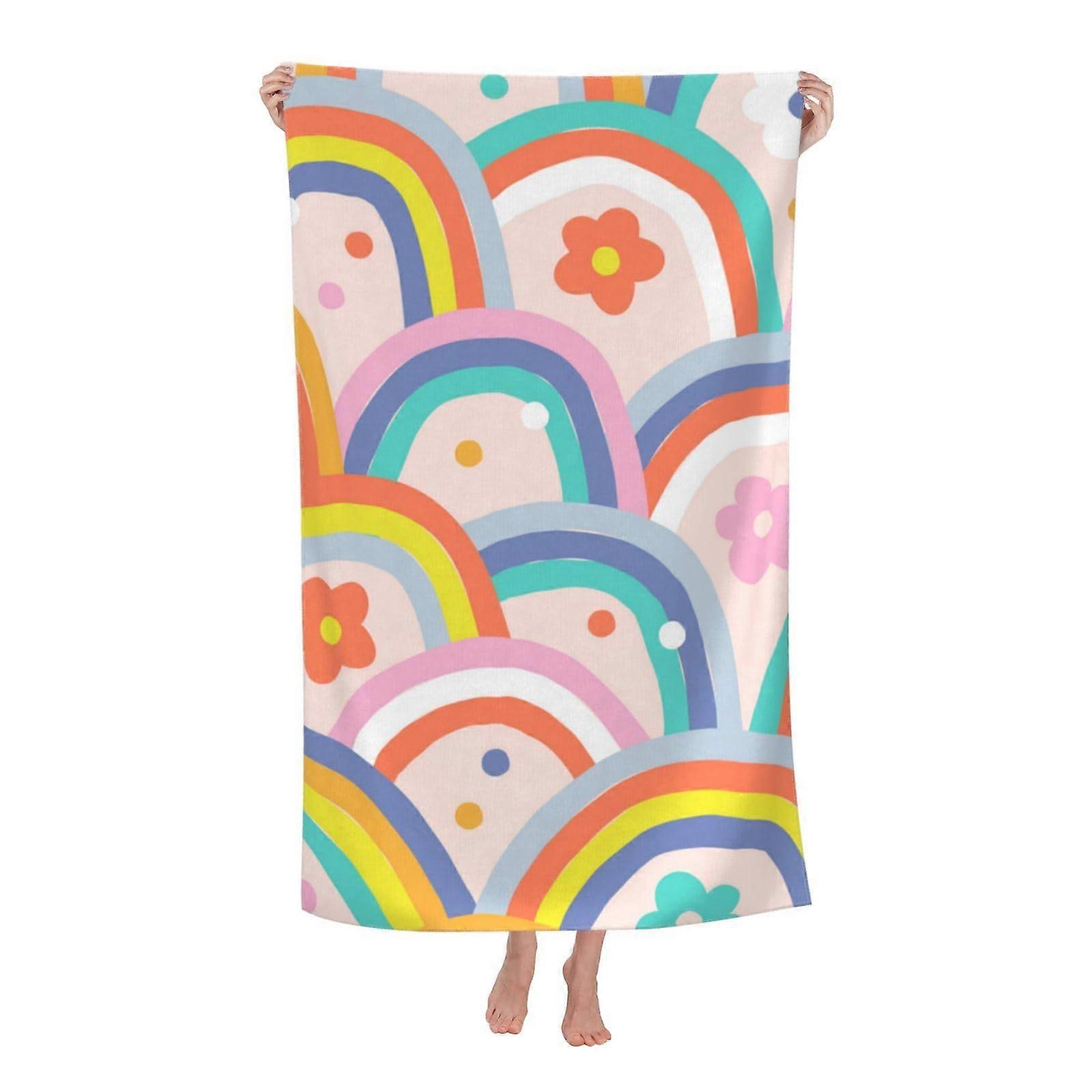 Boho Rainbow Beach Towel Microfiber Large Size Travel Towel Lightweight Sand-Free Beach Accessory Groovy Hippie Style